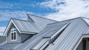 A closeup view of a gray metal roof on a house featuring a dormer window and skylights