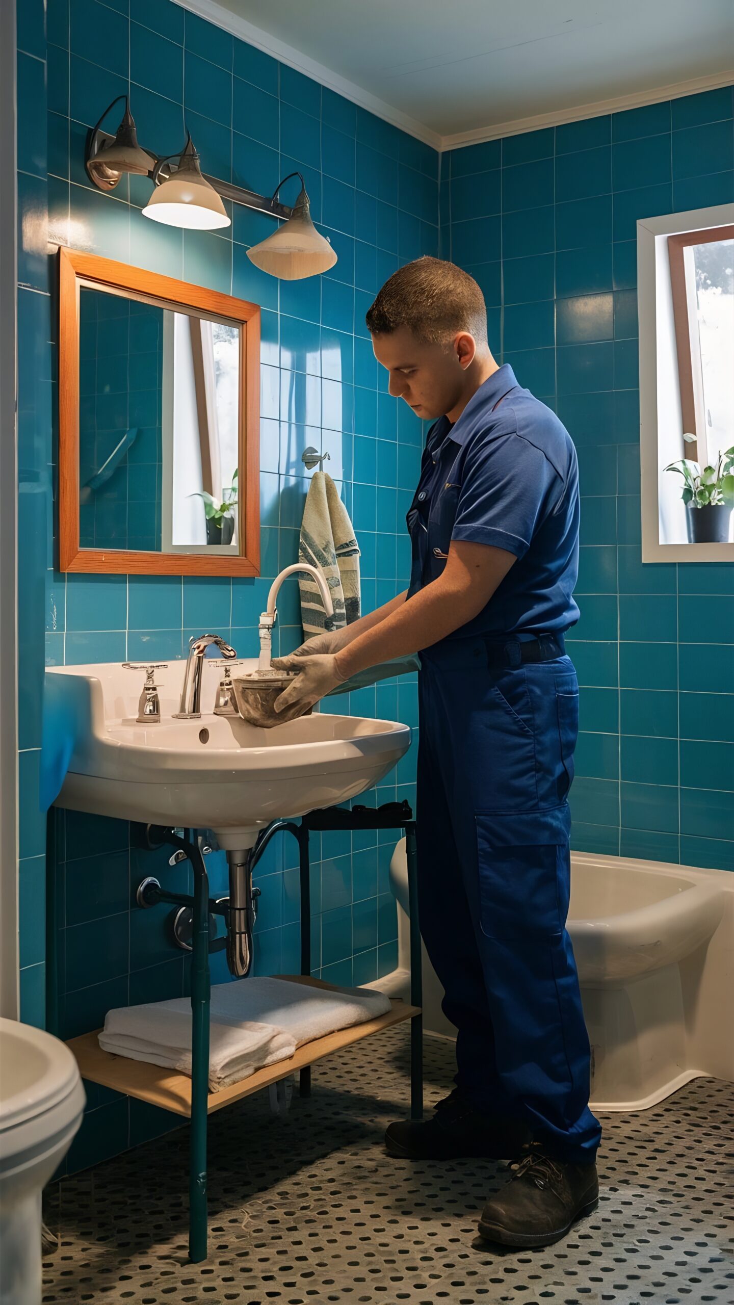 Holding and moving a sink plumber in blue uniform is at work in the bathroom