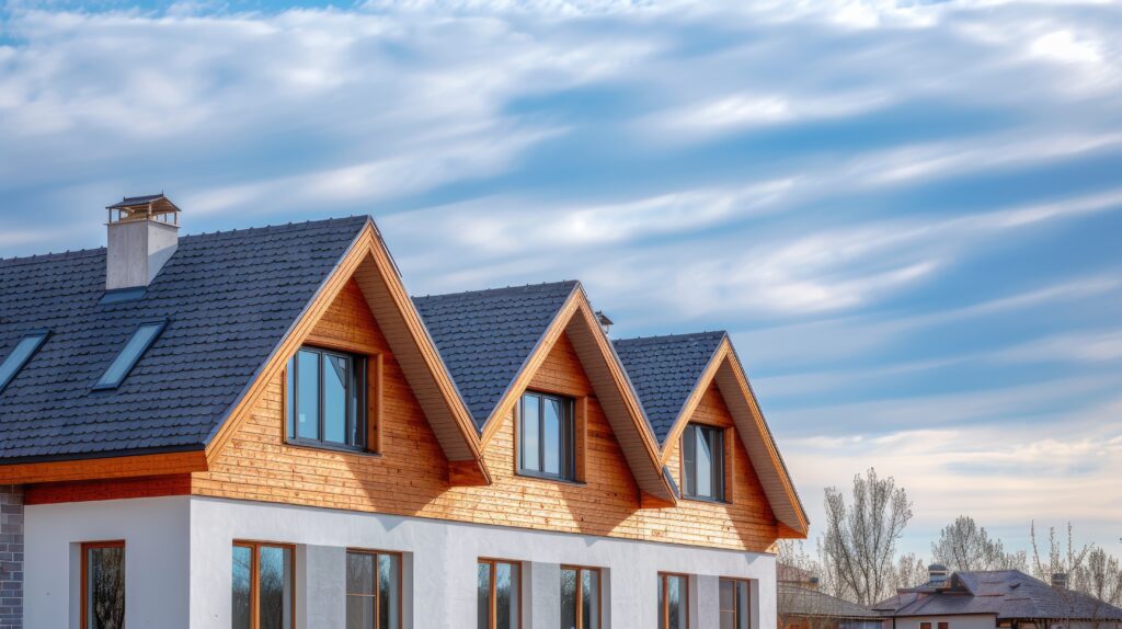 a house featuring black metal roof tiles with gable decoration showcasing new modern architecture against an isolated background