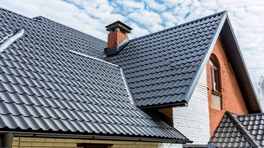 a house featuring black metal roof tiles with gable decoration showcasing new modern architecture against an isolated background
