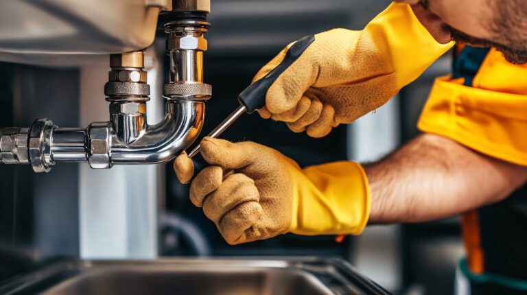 Professional Plumber Repairing Sink with Screwdriver in Gloves