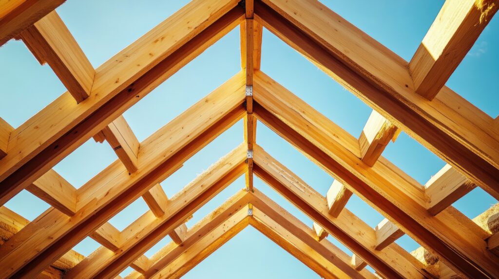 Wooden Roof Trusses Under Construction Against a Clear Blue Sky