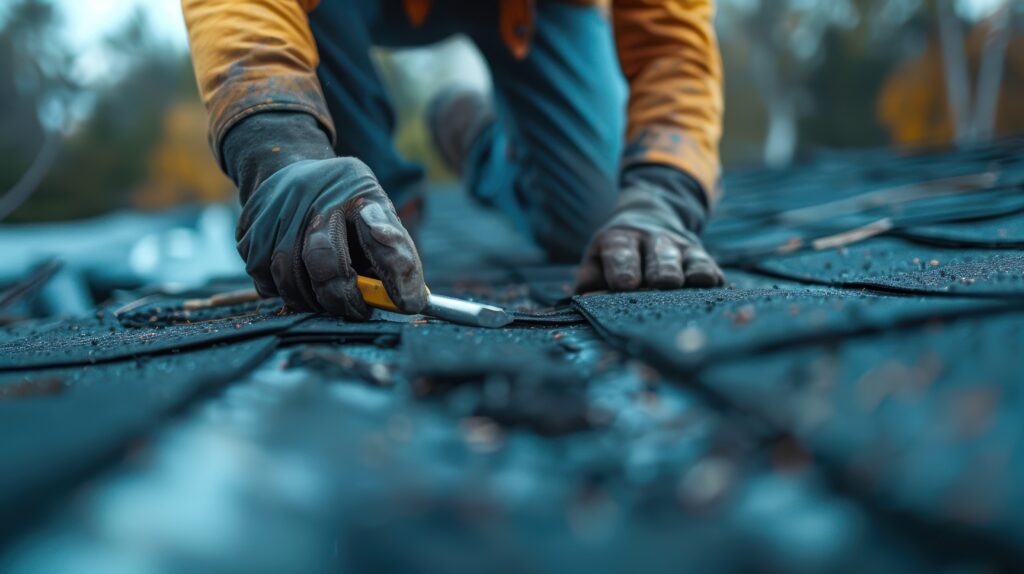 Worker repairing roof shingles with hand tool closeup view of hands in gloves